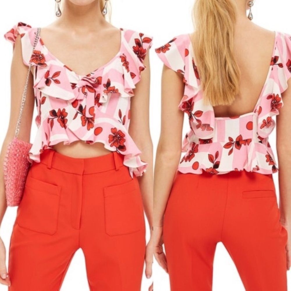 Topshop Pink Red White Floral Dot Flutter Sleeve/Hem Tie V-neck Crop Top Size 8
